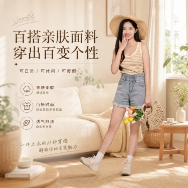 淘宝天猫营销海报，商品为店铺衣服，卖点是百搭亲肤面料，可穿搭出不同个性，整体风格为家居治愈风，保留图中的模特和穿搭，添加柔和治愈的家居背景，添加文字文案“百搭亲肤面料 穿出百变个性”，比例1:1预览效果
