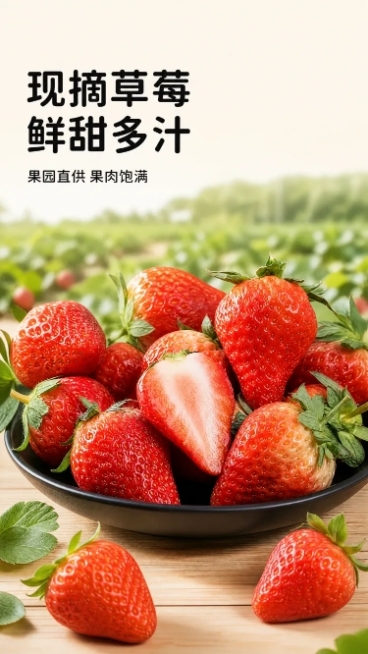 [第1屏] 详情页头图-新鲜草莓产品宣传海报。
[氛围/风格] 自然生鲜氛围感，新鲜田园风，柔和自然光线下的商业生鲜摄影，画面干净通透有食欲。
[元素布局] 图片中的新鲜草莓放置在画面中下区域，占据整预览效果