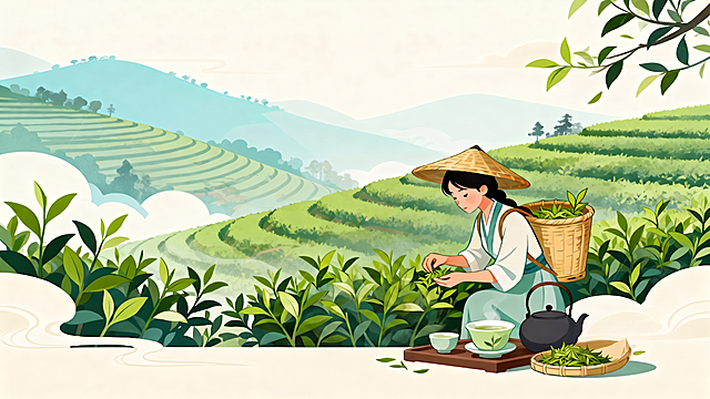 在保持原图国潮插画风格、茶山背景、人物姿态与茶具布局不变的前提下，移除前景桌面上的香蕉及盛放香蕉的盘子，空出桌面区域，其余元素（采茶女、竹篓、茶壶、茶杯、茶叶等）完整保留，画面自然协调。