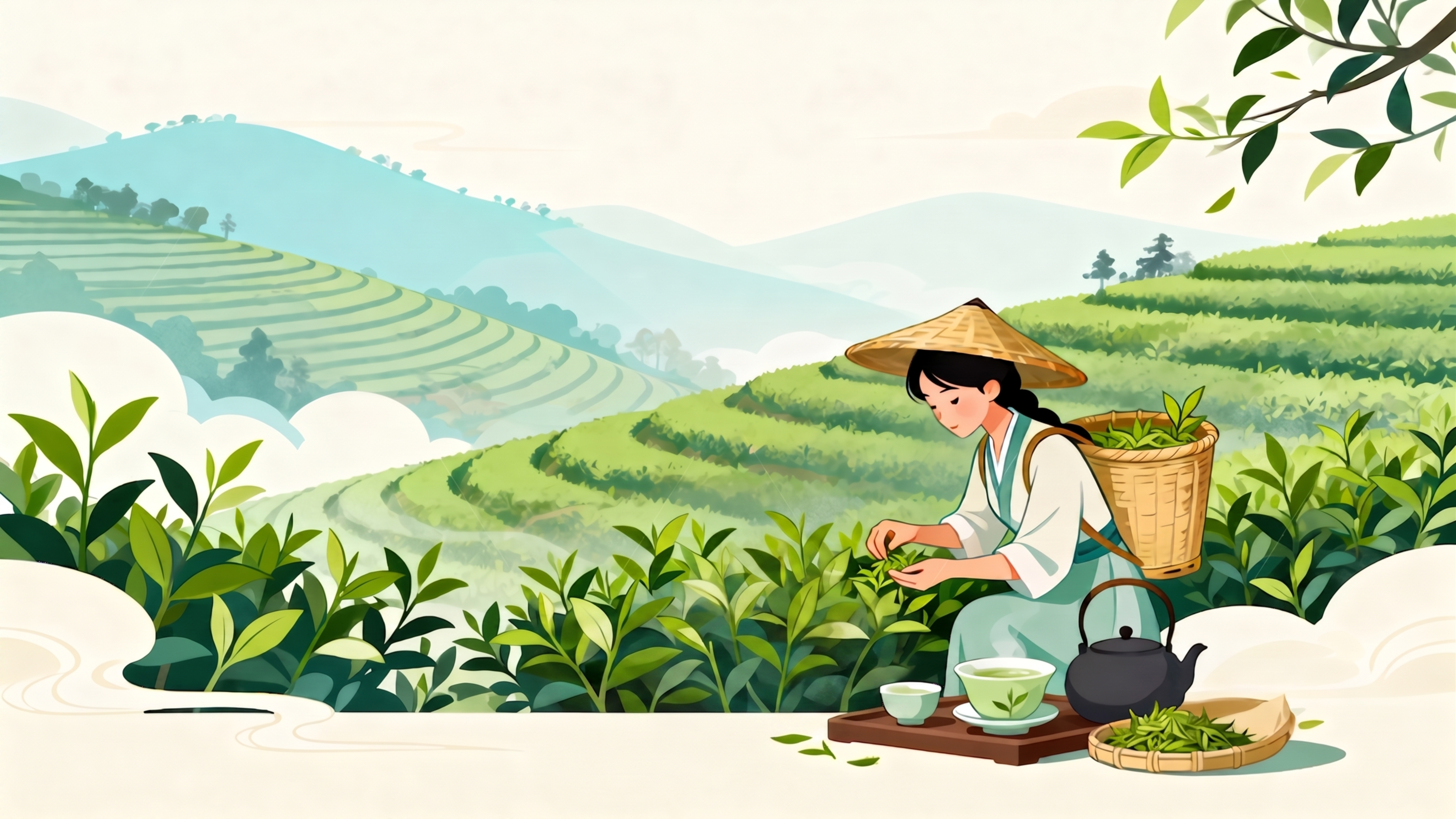 在保持原图国潮插画风格、茶山背景、人物姿态与茶具布局不变的前提… - 图片创意预览