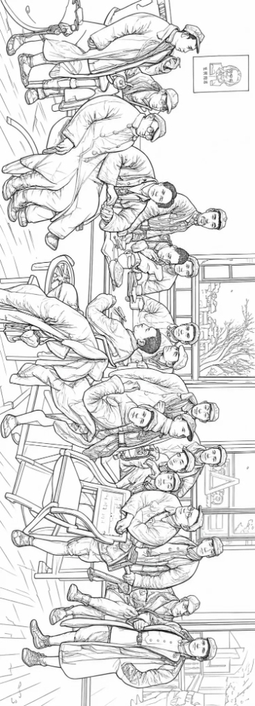 将这张油画改为线描模式，保留所有人物和场景轮廓，仅用黑色线条勾勒，转换为线描作品预览效果