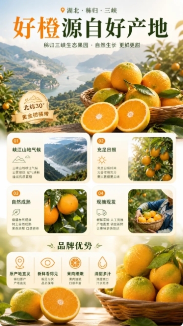 秭归夏橙淘宝详情页第二屏，展示产地环境与品牌优势，介绍秭归地理优势和天然种植环境，突出新鲜天然的特点，适合淘宝手机端展示预览效果
