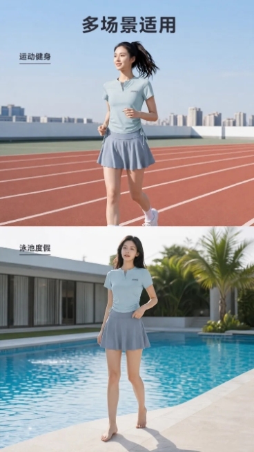 使用商品详情页技能根据商品图「图片1」「图片1」「图片1」「图片1」「图片1」「图片1」「图片1」「图片1」生成1套详情页，参考图为，商品名称为分体泳衣，卖点为腰部抽绳 V领带防尴尬三角衬布 可拆卸胸预览效果