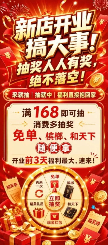 新店开业促销海报，设计尺寸比例宽为80，高为180。大标题为"新店开业搞大事！抽奖人人有奖，绝不落空！"，副标题为"来就抽｜抽就中｜福利直接抱回家"，正文为"满168即可抽｜消费多抽奖 免单、槟榔、和预览效果