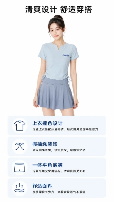[第2屏] 详情页核心卖点屏-展示分体泳衣四大核心优势。
[氛围/风格] 简约干净的排版风格，浅灰白底，清晰通透商业质感，参考参考图的图文分块排版逻辑。
[元素布局] 上半部分放置使用图1生成的模特上预览效果