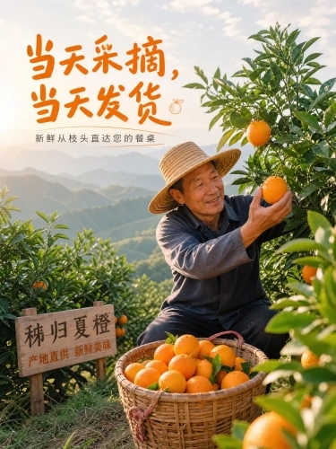 电商详情页插图，750px 宽，果农在橙园里采摘新鲜的秭归夏橙，将橙子小心翼翼地放入竹篮中。背景是橙树和远山，阳光明媚。突出 "当天采摘，当天发货" 的卖点。专业纪实摄影，自然真实，充满生活气息。预览效果