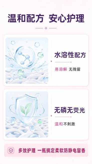 [第3屏] 淘宝天猫电商详情页第三屏，白小乐多效护理柔顺剂核心成分与功效解析。
[氛围/风格] 简约专业科研风，浅粉柔和背景，清新干净质感，符合洗护产品调性。
[元素布局] 顶部放置大标题区域，中部使预览效果