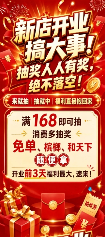 重新设计这张新店开业海报，完全移除下方的抽奖转盘区域，保持原有所有促销文案完整保留，整体保持红色金色喜庆开业风格，调整排版让整体画面协调美观预览效果
