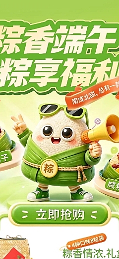 端午节粽子礼盒促销活动宣传可爱卡通风长图海报