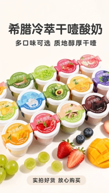 [第1屏] 详情页头图-希腊冷萃干噎酸奶新品宣传海报。
[氛围/风格] 清新食欲风，浅米底色，高饱和鲜果配色，接地气商业摄影质感，画面干净明快突出拼多多高性价比定位。
[元素布局] 保持原产品包装结构预览效果