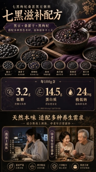 电商分屏详情页，展示七黑枸杞桑葚黑豆粥料三大核心卖点：1.七黑滋补配方，黑豆+桑葚干+黑枸杞搭配多种黑色食材，温和滋补不上火；2.高蛋白低糖健康配方，每100g含3.2g低糖、14.5g蛋白质、24m预览效果
