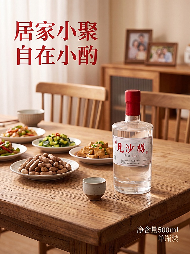 [主图-6 居家饮用场景] 见沙樽白酒真实家庭聚餐场景展示，模拟日常饮用氛围。将单瓶见沙樽白酒放置在中式实木餐桌的右侧，酒瓶保持原外观不变，旁边摆放一个小酒杯，杯中盛有少量酒液。餐桌还搭配简单的中式家常菜小碟，背景是简洁温馨的餐厅环境，浅景深虚化。画面左上写着"居家小聚 自在小酌"，红色大字，右下角标注"净含量500ml 单瓶装"。整体氛围温馨自然，传递日常饮用场景感。暖调柔光，配色柔和，3:4比例，4K分辨率，文字清晰。负向提示词：产品变形，文字遮挡主体，背景杂乱，颜色怪异