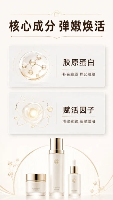 「图片1」，生成一套详情页，商品名称为纽西之谜胶原蛋白弹嫩赋活精华乳，适配小红书平台，单图比例为9:16，需求屏数为6张。预览效果