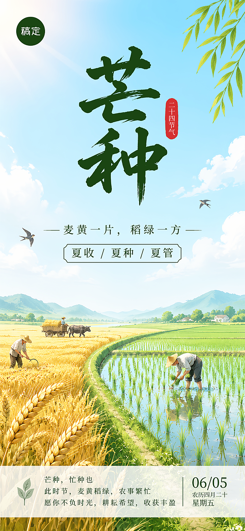 芒种节气祝福清新实景风通用全屏竖版海报