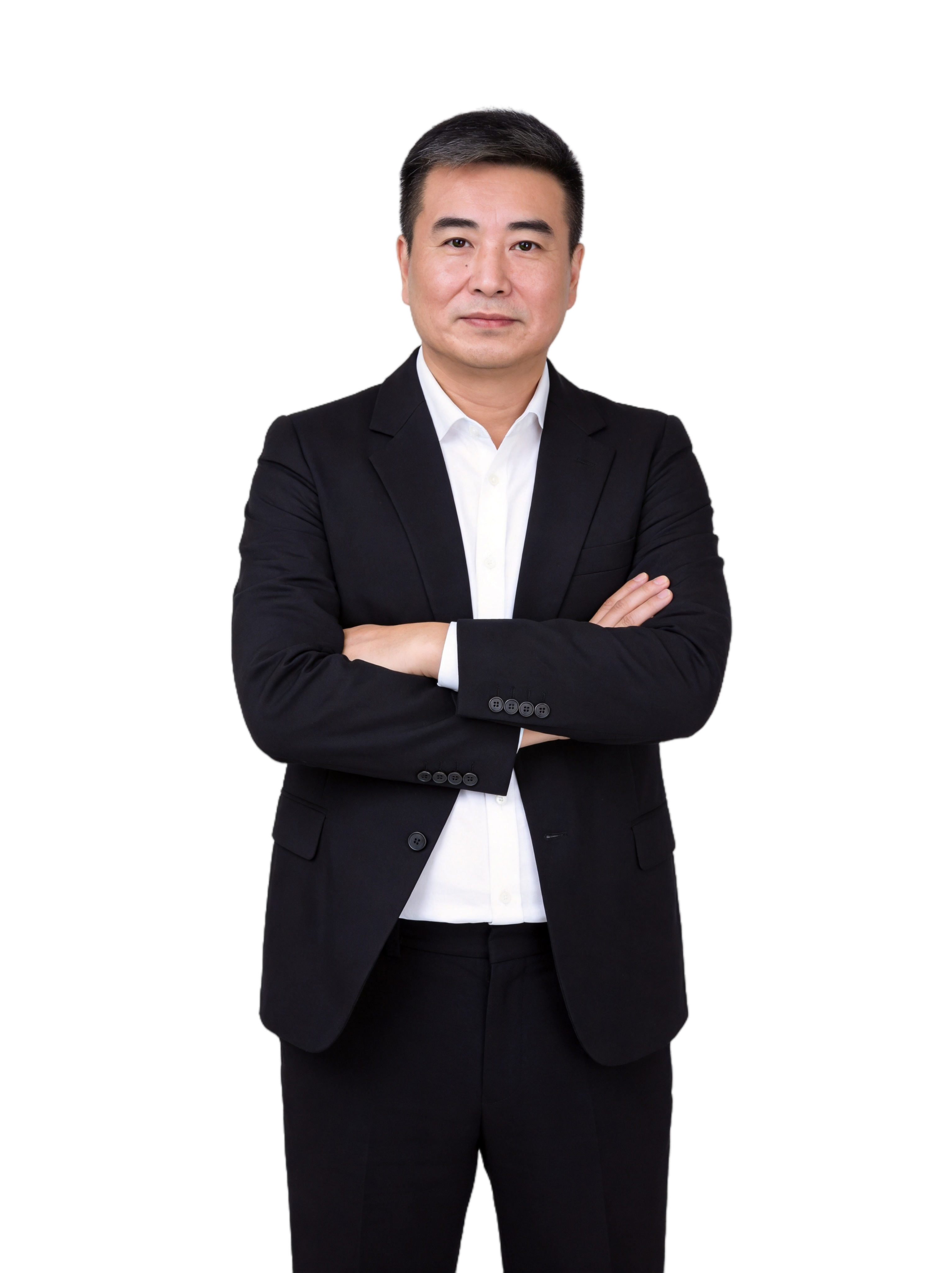 将图中的牛仔裤也修改为同套黑色西装西裤，保持人物姿势不变，背景… - 图片创意预览