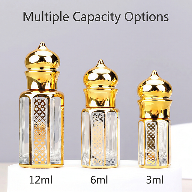 [主图-4] Size Comparison for 3ml 6ml 12ml Roll-on Bottles.
[氛围风格] 清晰直观规格展示；
[画质] 商业摄影质感、光线柔和通透、产品清晰真实、画面干净高级。
[元素] 三个不同容量的Roll-on Bottle从左到右按从大到小依次排列在纯净白色背景上，每个瓶子下方清晰标注对应容量：左侧12ml，中间6ml，右侧3ml。保持产品外观（物理结构、材质质感、颜色）与输入产品图绝对一致，杜绝任何变形和色差，精细化处理。产品占画面约80%，排列整齐对比清晰，方便客户直观了解尺寸差异。
[光影] 均匀正面柔光，消除多余阴影，每个产品都清晰展示，瓶身通透，金色光泽自然。
[配色] 纯白背景，深灰色容量文字，对比强烈清晰可读。
[视角构图] 正面平视，一字排列构图，画面简洁信息直接。
[文字版式] 每个瓶子下方对应标注容量文字，字体清晰无衬线，大小适中，深色文字对比明显。顶部标题 "Multiple Capacity Options"。
[比例分辨率] 1:1 比例，4k 分辨率，超高清。
[负向提示词] 变形，水印，文字错乱，产品图模糊，背景杂乱，中文，信息错误，容量标注错误