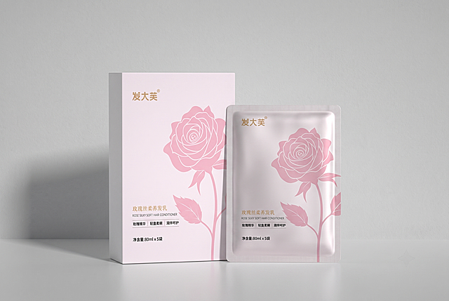 玫瑰丝柔养发乳包装，严格参照上传产品图https://gdesign-dam-hz.dancf.com/36744910367205430/cffeceb17cc84b488d650a2bddb6d679.png，完整保留所有可见组件、轮廓形状、结构、比例、材质质感、颜色与产品文字信息。
场景：室内极简桌面展示空间，参考图https://0.jpg为浅灰色调极简风格，保留浅灰色冷调整体色彩体系。
组合语境：参考图包含一个长方体白盒和一个方形铝箔袋两件产品，生成图同样保留两件养发乳产品组合。
光影：侧前方主光，还原参考图光影方向，产品受光面泛起浅灰色柔光、暗部映射浅灰色阴影光晕，与环境物理融合。
产品位置与构图：产品居中放置，平视特写构图，产品占据画面核心区域。
动态：静态展示，自然沉稳。
视角微调：相对参考图偏转20°，呈现微侧视角。
全量换款清单：①背景墙面：参考图浅灰纯色墙面 → 生成图浅灰哑光微肌理墙面；②桌面承载面：参考图浅灰亮面桌面 → 生成图浅灰磨砂质感桌面；③白色长方体盒：款式保持长方体立盒，更换表面质感为细腻哑光白；④白色方形铝箔袋：款式保持方形扁平袋，更换表面质感为哑光铝箔。
4K分辨率，严格锁定宽高比为 3:2