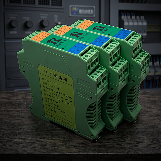 信号隔离器，严格参照上传产品图https://gdesign-dam-hz.dancf.com/36746340913883208/c9d1871eeeed4027baf6fb3fcd7dcc94.jpg，完整保留所有可见组件、部件、轮廓形状、结构、比例、材质质感、颜色与产品本体上的文字信息，与上传图完全一致。
参考图https://1.png为工业仪表电商宣传背景，深灰炭黑工业风格，整体深灰暖橙配色，保留参考图工业仪表展示场景大类、承载面为深色桌面实木、产品居中位置、顶侧主光的光影氛围。
信号隔离器受光面泛起深灰工业色调，暗部映射浅黑光晕，与环境物理融合。
整体居中特写，微侧25°视角，相对参考图偏转角度，保持产品为核心视觉焦点。
全量换款清单：
①背景：参考图含仪表细节深背景 → 生成图保持深灰工业电气柜模糊背景，纹理细节做换款处理；
②承载面：参考图深色桌面 → 生成图保持深色工业磨砂桌面，同材质换纹理款式；
③文字装饰：参考图左侧橙色卖点框 → 生成图去掉所有额外卖点文字，只保留产品本体文字；
相似度保持50%，保留骨架换全量元素，不与参考图完全雷同。
消除产品之外所有营销文字、排版角标。4K分辨率，严格锁定宽高比为 1:1。