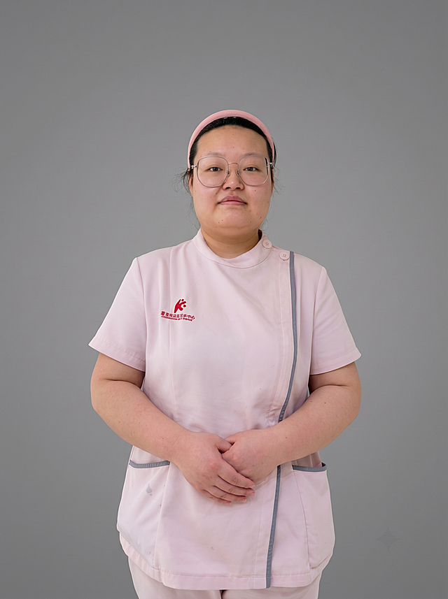 参考图中保留人物脸型、发型、年龄等特征生成医护职业形象照,标准焦段50mm,f/4光圈(f/2.8-f/4区间),平视视角(镜头与人物视线齐平);人物占画面70%,人物居中(居中构图),位于画面中心,为视觉聚焦点,入境范围头部及以下至臀部下方10cm(半身像);左右留少量背景空间;头部与画面顶部保留5%空间;头部发型完整,头肩比例协调,人物结构准确;身穿粉色医护工作服，保留灰色镶边和红色刺绣logo，面料干净整洁;下装同色医护裤;着装正式干练;专业可靠，温和严谨;身形匀称,姿态端正,身体挺拔。呈站姿，双手交叠于腹前的自然姿态，肢体放松且自信;保留发箍、眼镜配饰;发质微微柔顺，微微蓬松。简约微微中度灰色纯色背景(呈现均匀柔和质感),背景光线均匀柔和,强化色彩对比的高级感。极简干净;画质超高分辨率、细节清晰,现代精致感风格;肤质精细化处理;眼神直视镜头,目光坚定且澄澈,表情自然。嘴角上扬;清透自然裸妆(轻薄底妆+淡唇妆)妆感轻薄轻透裸肌感,通透感肤质,肤质自然细腻,肤色健康均匀,雾面柔光裸肌感,保留真实皮肤细节｡正面柔光补光,4800K中性光,面部光比1:1.5,色调明亮｡中近景写实摄影,对焦清晰,高清保留皮肤细节｡分辨率4K,去除人物之外的所有元素。严格按照图片内容生成，画面比例3:4。