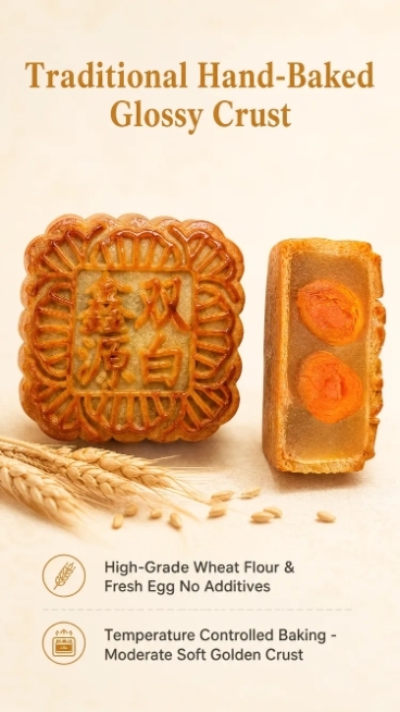 「图片1」「图片1」，生成一套详情页，商品名称为双黄白莲蓉月饼，适配亚马逊平台，单图比例为9:16，需求屏数为8张。
1.头部产品简介 
Double Yolk White Lotus Seed Pa预览效果