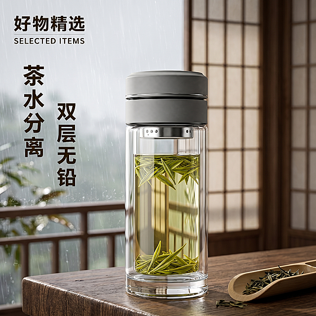 超写实日式原木风桌面摄影。
主体：高透双层茶水分离玻璃杯严格参照上传产品图，完整保留结构比例材质，盖子颜色不变，通透澄澈双层结构清晰，占画面70%完整不裁切，清除多余文案，优化保留"好物精选 SELECTED ITEMS 茶水分离 双层无铅"文字排版舒适美观。
构图：正面平视，极简留白构图。
风格：日系极简。
场景：雨天榻榻米茶室窗边，湿润氛围感。
承载：①深原木肌理茶桌，深棕木纹；②背景模糊樟木纸门，日式障子。
陪衬：①右下角，原木茶荷盛少量干茶叶，浅原木色。
配色：深棕原木/米白纸门/浅灰/低饱和抹茶，通透玻璃质感。
光影：窗边漫射柔灰色自然光，柔和细碎光影，玻璃温润反光，整体松弛雅致干净治愈。
参数：4K写实，锁定宽高比1:1。优化文字排版漂亮舒适。