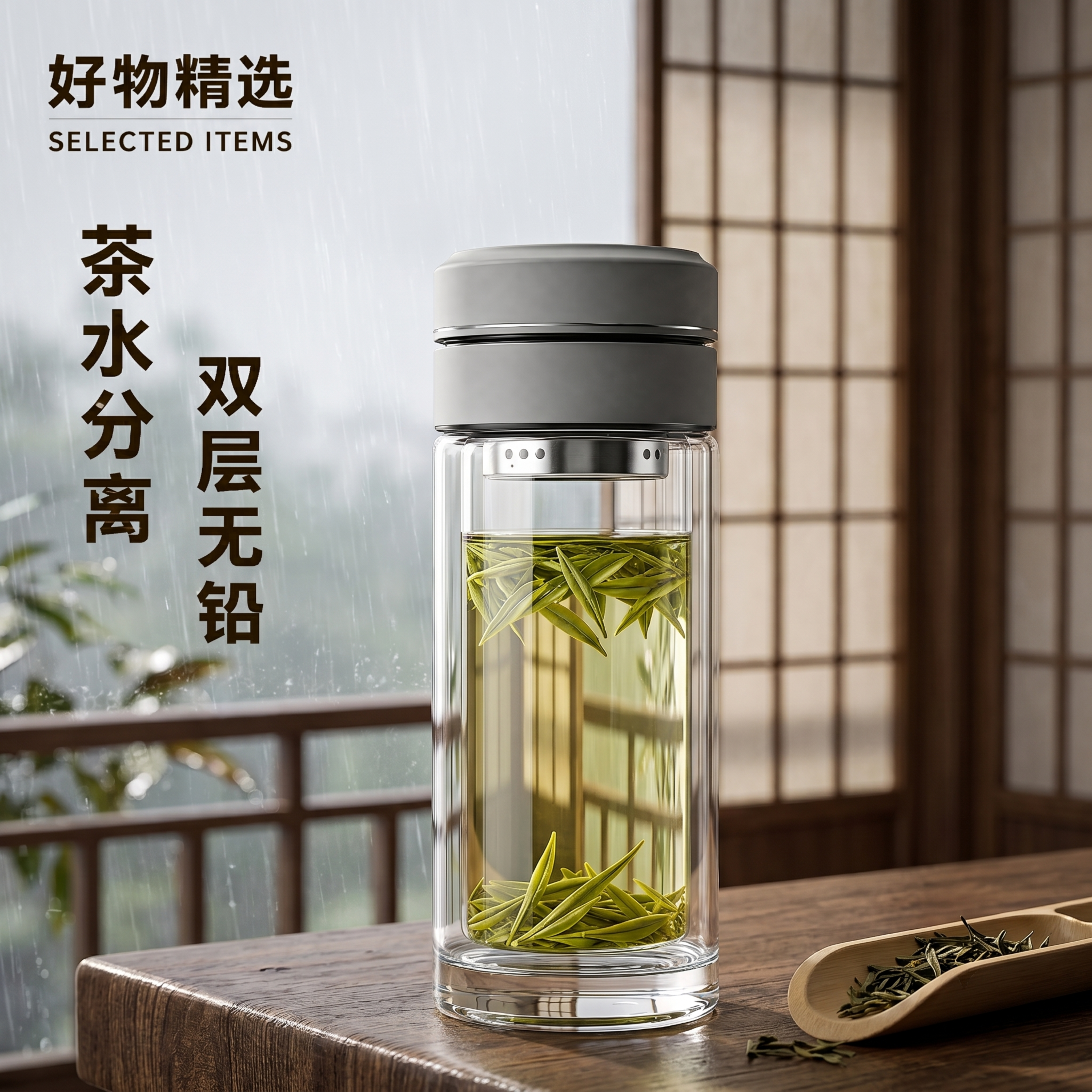 超写实日式原木风桌面摄影。 主体：高透双层茶水分离玻璃杯严格参… - 图片创意预览