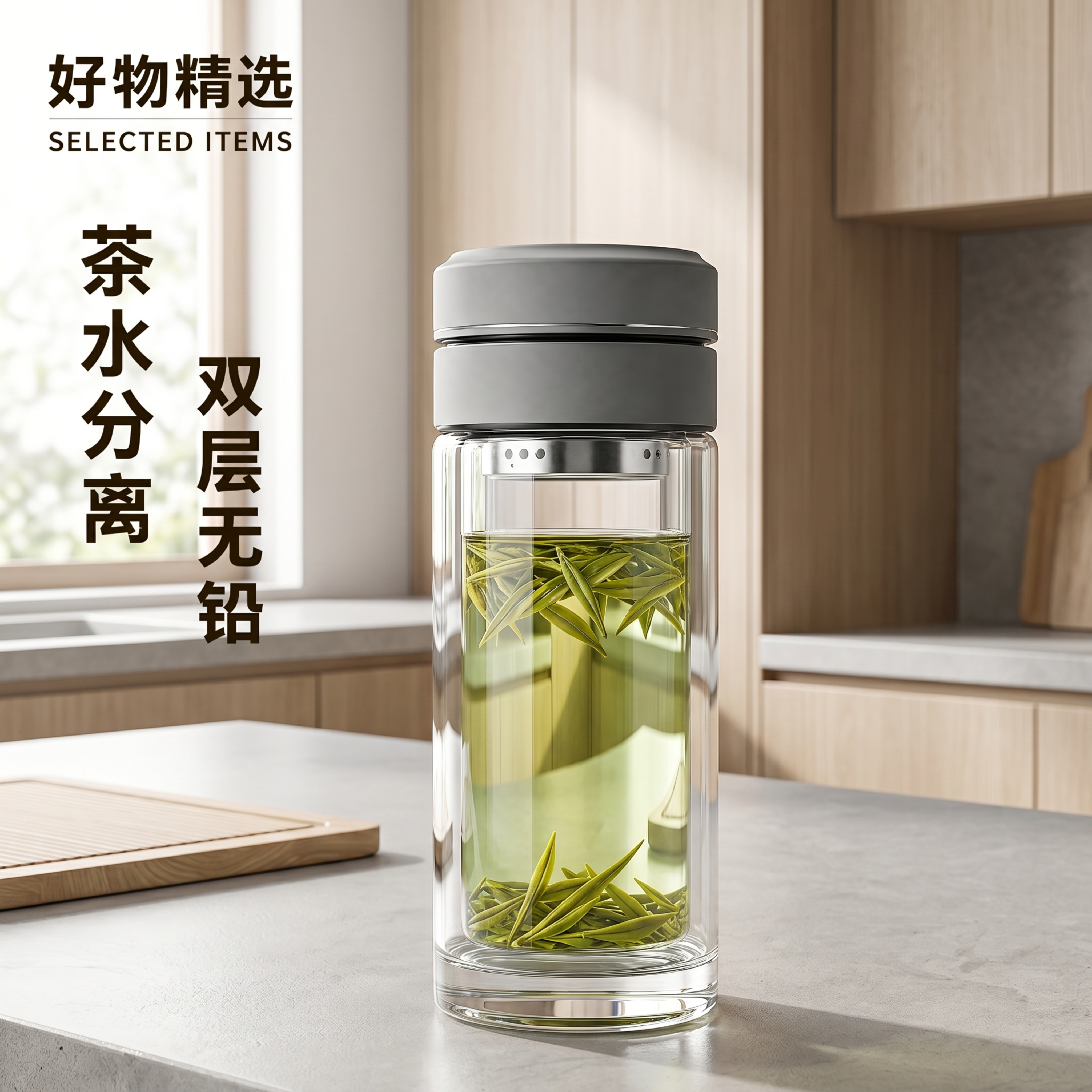 超写实日式厨房岛台摄影。 主体：双层茶水分离玻璃杯保留原图所有… - 图片创意预览
