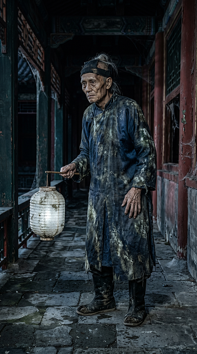 古风恐怖主题，晚清枯朽年迈老太监全身立绘，佝偻身形，身着褪色发霉的清代宫廷太监旧锦袍皂靴，右手持一盏泛着惨白冷光的霉斑白纸灯笼，皮肤干瘪褶皱积满污垢，神情死寂麻木，整体氛围阴森诡谲，暗调恐怖写实风格