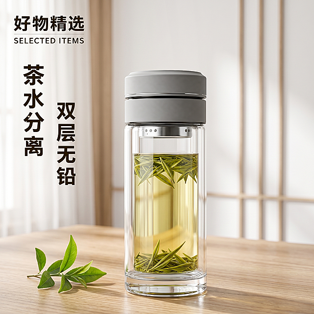 「图片1」换背景，不同类型与场景的日系极简茶系氛围，原木肌理茶桌，温柔窗边漫射自然光，细碎柔和光影洒落，画面干净治愈、松弛雅致。主体高透双层茶水分离玻璃杯，通透澄澈、质感温润，双层隔热结构、茶水分离功能清晰直观，整体构图极简留白，色调柔和素雅、低饱和耐看，无杂乱道具，生活化高级感拉满，种草属性极强，适配抖音泛流量推荐，大幅提升画面停留时长。盖子不变，文字排版优化漂亮舒适。 生成不同的10张主图