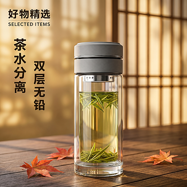 超写实木制茶桌局部摄影。
主体：双层茶水分离玻璃杯，保留原图产品所有细节，盖子颜色不变，通透澄澈双层结构清晰，占画面70%完整不裁切，优化文字排版保留指定文案，排版舒适美观。
构图：三分构图，微侧正面平视，极简留白。
风格：日式极简。
场景：傍晚黄昏，斜射夕阳透过木格窗。
承载：①黑胡桃实木茶桌，深棕肌理；②背景木格栅窗，暖金色调虚化。
陪衬：①桌角散落三片新鲜枫叶，红色橘色自然点缀。
配色：深胡桃棕/暖金/橘红/低饱和，通透玻璃质感。
光影：夕阳斜射漫射光影，细碎金色光斑落在杯身，整体温暖雅致，高级生活化氛围感。
参数：4K写实，锁定宽高比1:1，优化文字排版。