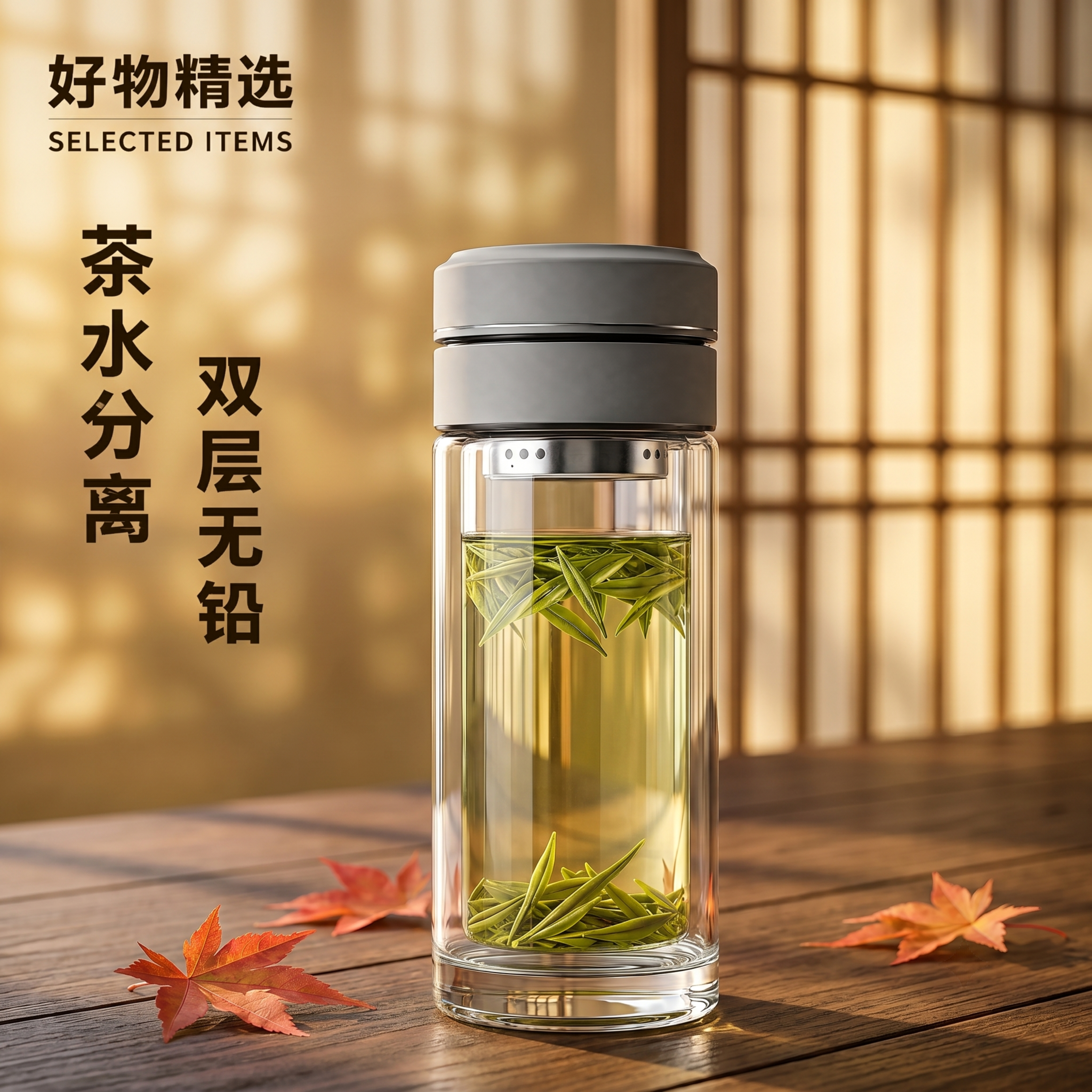超写实木制茶桌局部摄影。 主体：双层茶水分离玻璃杯，保留原图产… - 图片创意预览