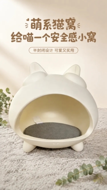 [第1屏] 详情页头图-奶油风猫形猫屋主视觉宣传图，展示猫屋全貌
[氛围/风格] 温馨治愈奶系家居风，柔和自然光影，宠物用品商业摄影质感
[元素布局] 使用【图5】作为猫屋主体参考，保持猫屋整体米白外预览效果