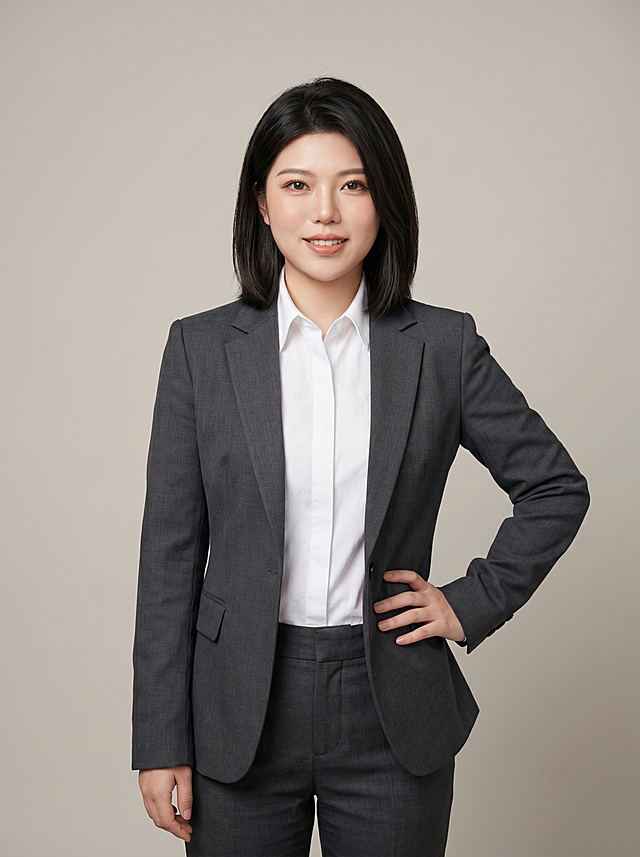 参考图中保留人物脸型、发型、年龄等真实身材和头像特征生成教育培训讲师职场形象照，标准焦段50mm，f/4光圈，平视视角，镜头与人物视线齐平；人物占画面70%，人物居中，位于画面中心，为视觉聚焦点，半身照；左右留少量背景空间；头部与画面顶部保留5%空间；头部发型完整，头肩比例协调，人物结构准确；身穿深灰色精纺羊毛混纺西装外套，平驳领设计，面料呈细腻微微哑光质感；内搭白色高支精梳棉衬衫；下装深灰色精纺羊毛混纺西裤；着装正式干练；专业亲和，气质知性；身形匀称，姿态端正，身体挺拔。呈站姿单手叉腰的自然姿态，肢体放松且自信；去除项链配饰；发梢微微修整，干练大气，主体锐利。简约微微暖调暖灰米杏纯色背景，呈现均匀柔和质感，背景光线均匀柔和，强化色彩对比的高级感，极简干净；画质超高分辨率、细节清晰，现代精致感风格；肤质精细化处理；眼神直视镜头，目光坚定且澄澈，表情自然，嘴角微微上扬；肤质自然细腻，肤色健康均匀，哑光肤质清爽干净，保留真实皮肤细节；杰作，最佳画质，超高细节，写实摄影，中近景人像，皮肤质感自然清晰，柔光，正面补光，画面干净清新，高清皮肤细节；面部光比1:1.5，4800K中性光，微微修饰脸型，肤质哑光细腻，面部雾面柔光，轻透裸肌感，真实毛孔纹理；分辨率4K，严格保留参考图人物样貌特征，画面比例3:4