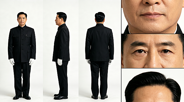 根据参考图生成，白色背景，16:9构图，左侧三分之二区域放置正视图、侧视图、后视图全身三视图，右侧三分之一区域从上到下依次放置嘴部特写、眼部特写、发型特写