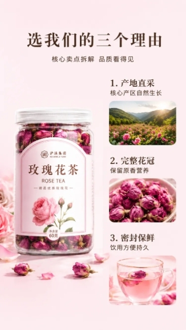 请使用电商详情页技能，生成一套详情页，商品名称为玫瑰花茶，适配淘宝/天猫平台，单图比例为9:16，需求屏数为8张。预览效果