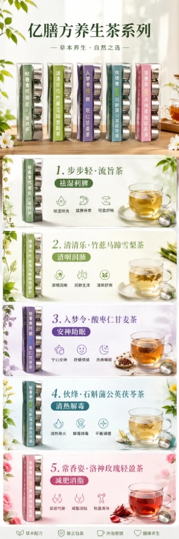 亿膳方养生茶系列产品电商详情页，尺寸宽1500像素高4500像素，首屏展示五款产品整体摆拍，包含标题"亿膳方养生茶系列"，下半部分逐个展示产品：1.步步轻·流旨茶：祛湿利脾；2.清清乐·竹蔗马蹄雪梨茶预览效果