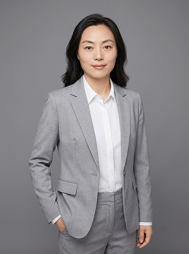 参考图中保留人物脸型、发型、年龄等特征生成职场形象照,标准焦段50mm,f/4光圈(f/2.8-f/4区间),平视视角(镜头与人物视线齐平);人物占画面70%,人物居中(居中构图),位于画面中心,为视觉聚焦点,入境范围头部及以下至臀部下方10cm(半身像);左右留少量背景空间;头部与画面顶部保留5%空间;头部发型完整,头肩比例协调,人物结构准确;发质微微柔顺，微微蓬松。身穿浅灰色精纺羊毛混纺西装外套,(平驳领设计,面料呈细腻微微哑光质感);内搭白色高支精梳棉衬衫;下装浅灰色精纺羊毛混纺西裤;着装正式干练;专业稳重;身形匀称,姿态端正,身体挺拔。呈左手插兜的自然姿态，肢体放松且自信;简约微微中度灰色纯色背景(呈现均匀柔和质感),背景光线均匀柔和,强化色彩对比的高级感。极简干净;画质超高分辨率、细节清晰,现代精致感风格;肤质精细化处理;眼神直视镜头,目光坚定且澄澈,表情自然。嘴角上扬;清透自然裸妆(轻薄底妆+淡唇妆)妆感轻薄轻透裸肌感,通透感肤质,肤质自然细腻,肤色健康均匀,雾面柔光裸肌感,保留真实皮肤细节｡正面柔光补光,4800K中性光,面部光比1:1.5,色调明亮｡中近景写实摄影,对焦清晰,高清保留皮肤细节｡分辨率4K,去除人物之外的所有元素。严格按照图片内容生成。画面比例3:4