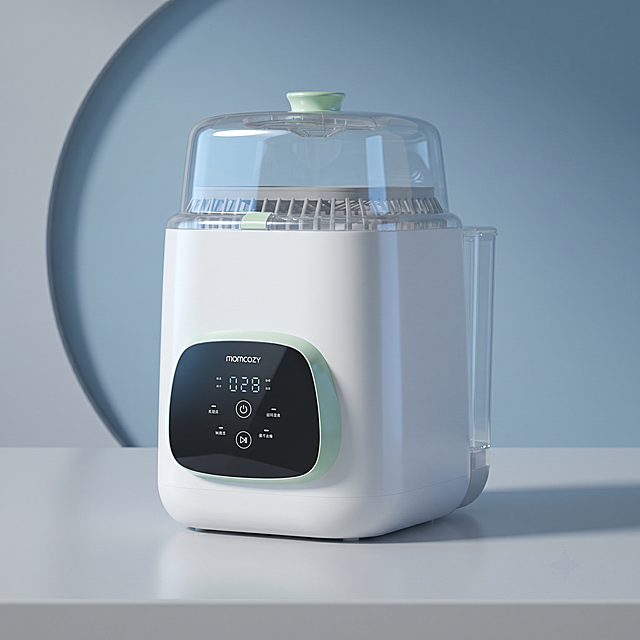 婴儿奶瓶消毒器，严格参照上传产品图（第二张），完整保留所有可见组件、部件、轮廓、结构、比例、材质、颜色与产品本体上的文字信息，与上传图完全一致；自然融入场景光影，与场景共处同一物理空间。
室内桌面静物摄影场景，清新浅蓝冷色调。
参考图为两瓶护肤品摆放在浅色灰色桌面，背景浅蓝色配圆形白色装饰，产品位于画面偏下区域，侧前方柔和主光，产品受光面泛起浅蓝亮色、暗部映射浅灰光晕，与环境物理融合。
产品位于画面偏下中心位置，特写构图，微侧视角偏转20度微调。
全量换款清单：①承载面：参考图浅灰色光滑桌面 → 生成图浅灰白色哑光桌面（同为光滑桌面材质，换颜色）；②背景：参考图浅蓝色墙面配右侧白色圆形装饰 → 生成图浅蓝色墙面配左侧浅灰色弧形装饰（同浅蓝背景，换装饰位置和造型）；③产品：参考图两瓶喷雾护肤品 → 生成图一台婴儿奶瓶消毒器，保持产品主体位置一致。
消除产品本体外多余营销文字。
严格锁定宽高比为 1:1。
4K分辨率