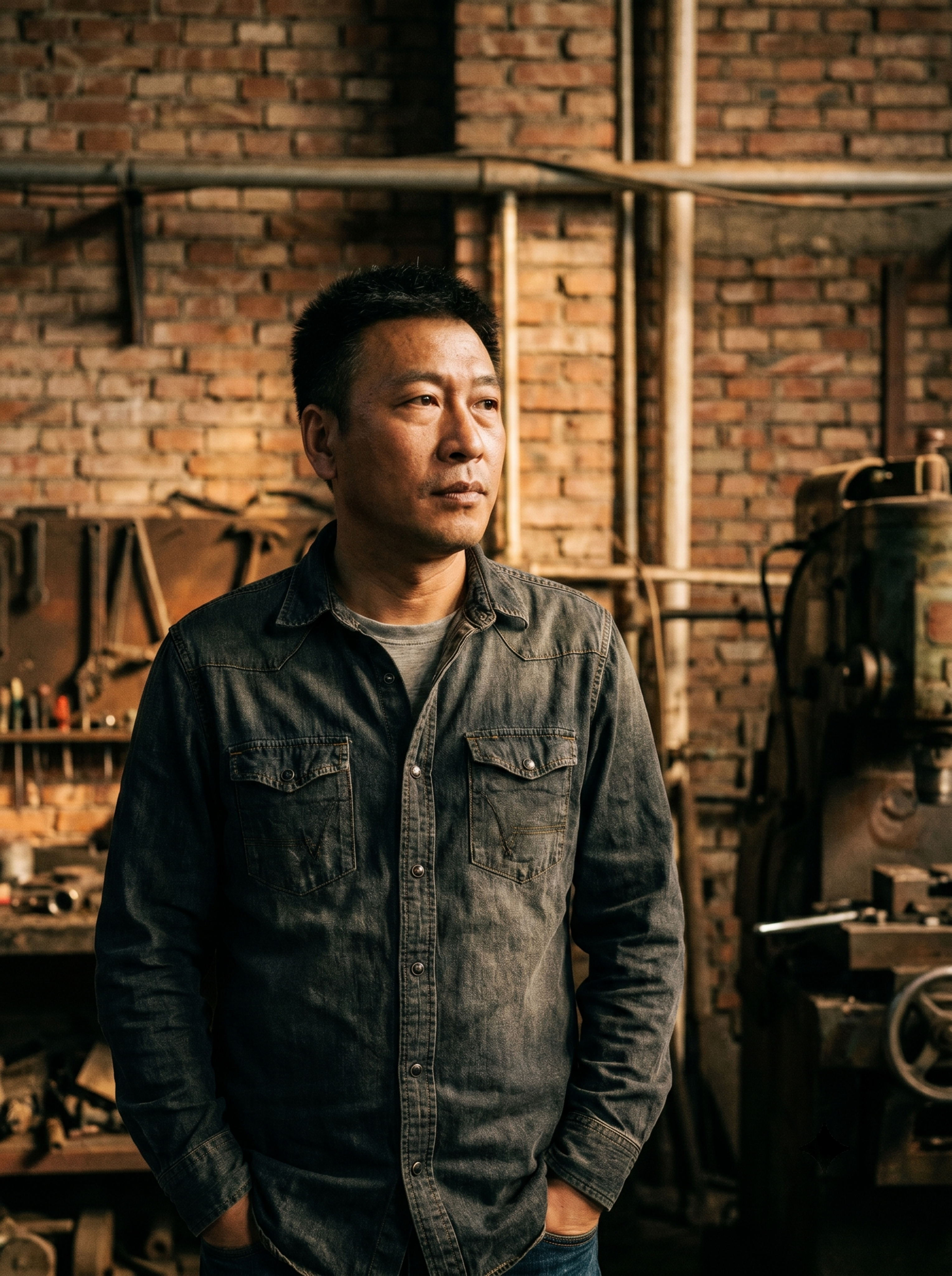 参考图中人物，生成个人写真半身照，美式休闲风格，工业风背景，硬… - 图片创意预览