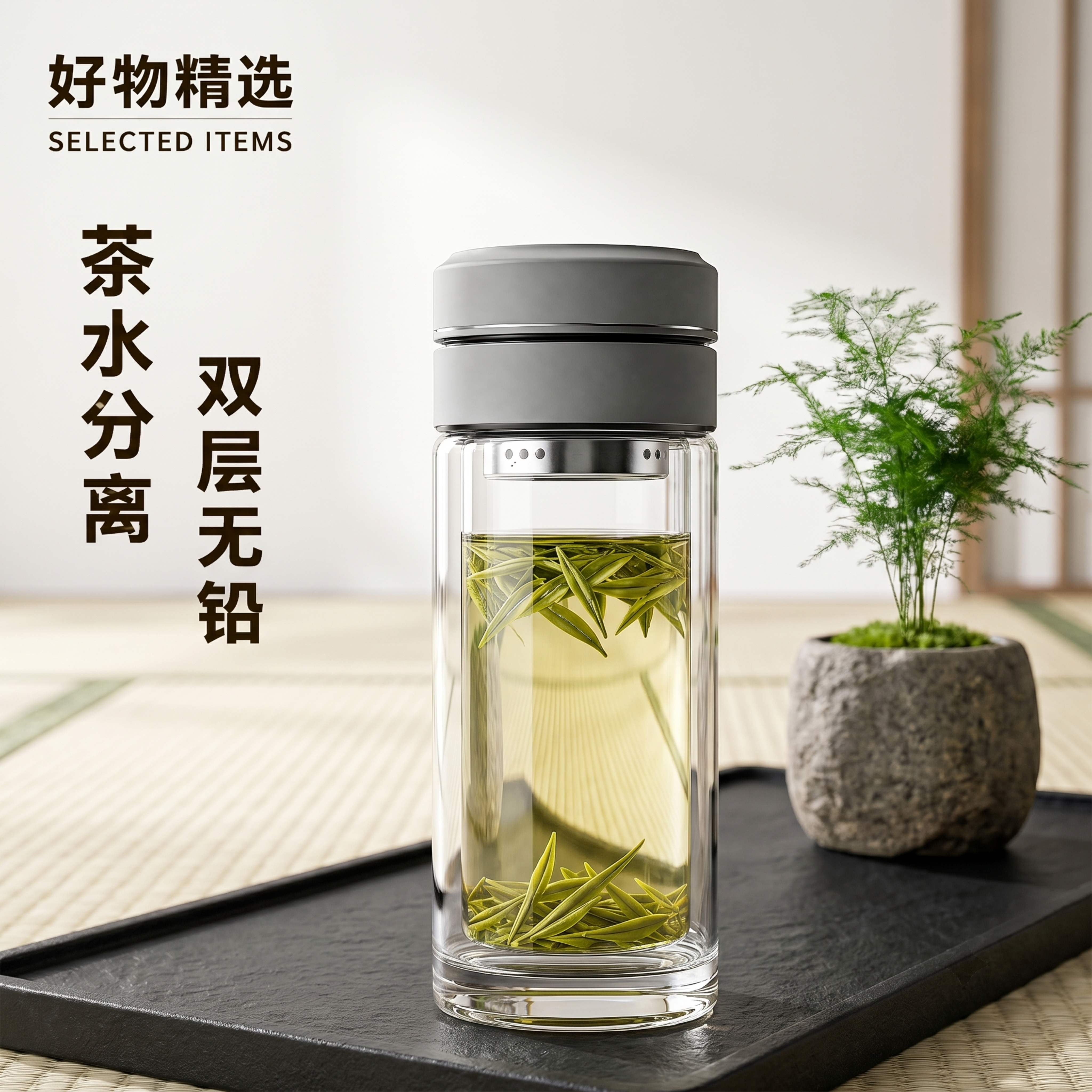 超写实和风茶室桌面摄影。 主体：双层茶水分离玻璃杯保持原图所有… - 图片创意预览