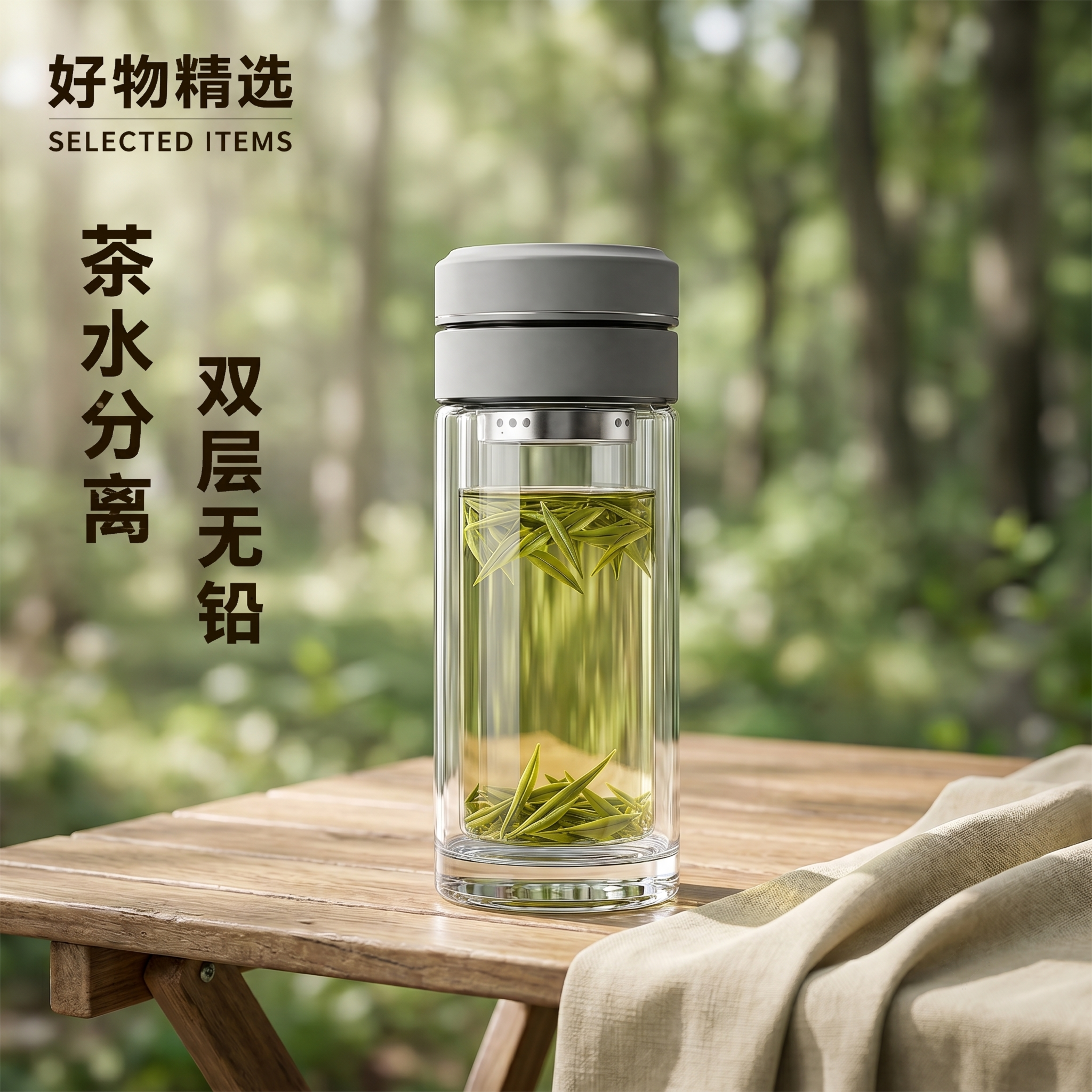 超写实户外露营原木桌摄影。 主体：双层茶水分离玻璃杯保留原图结… - 图片创意预览