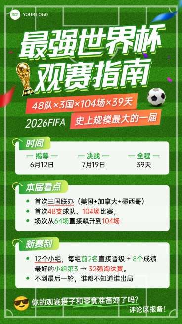 世界杯观赛指南动感大字绿茵背景手机竖版海报预览效果