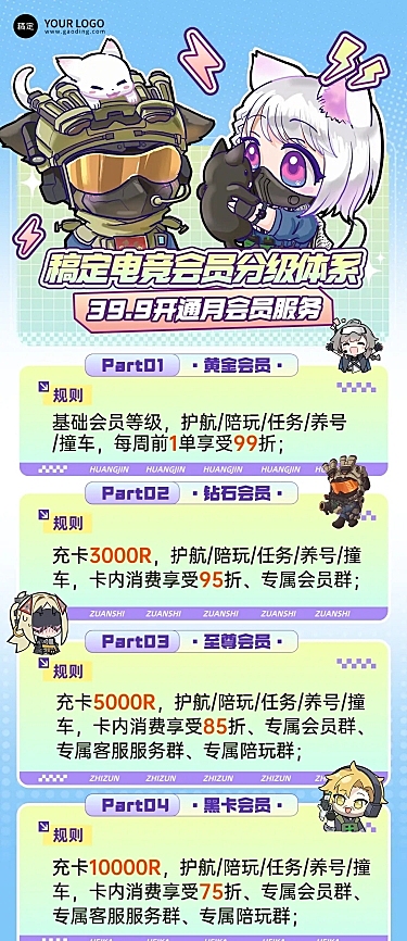 电竞游戏会员规则促销宣传卡通风长图海报
