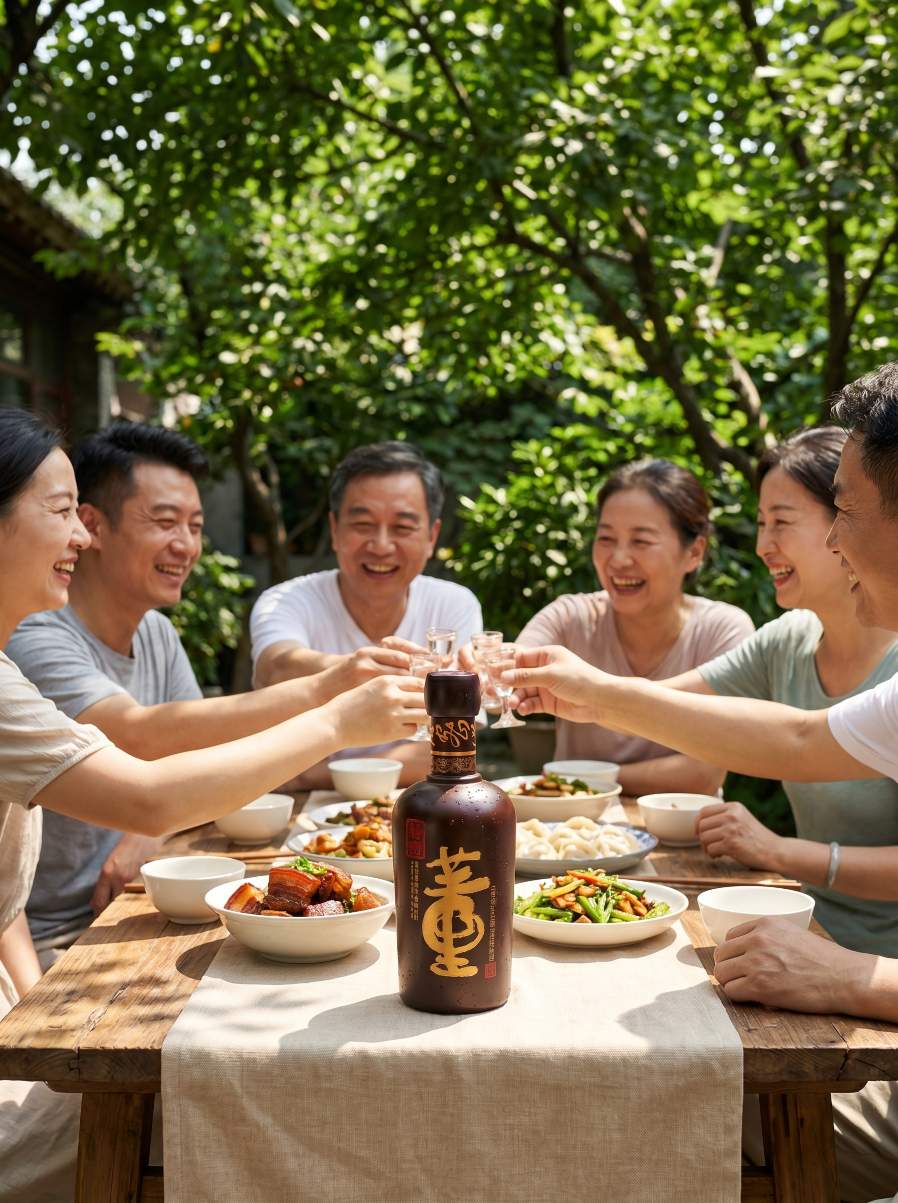 夏日户外庭院树荫下的好友聚会碰杯场景 主体：白酒严格参照上传产… - 图片创意预览