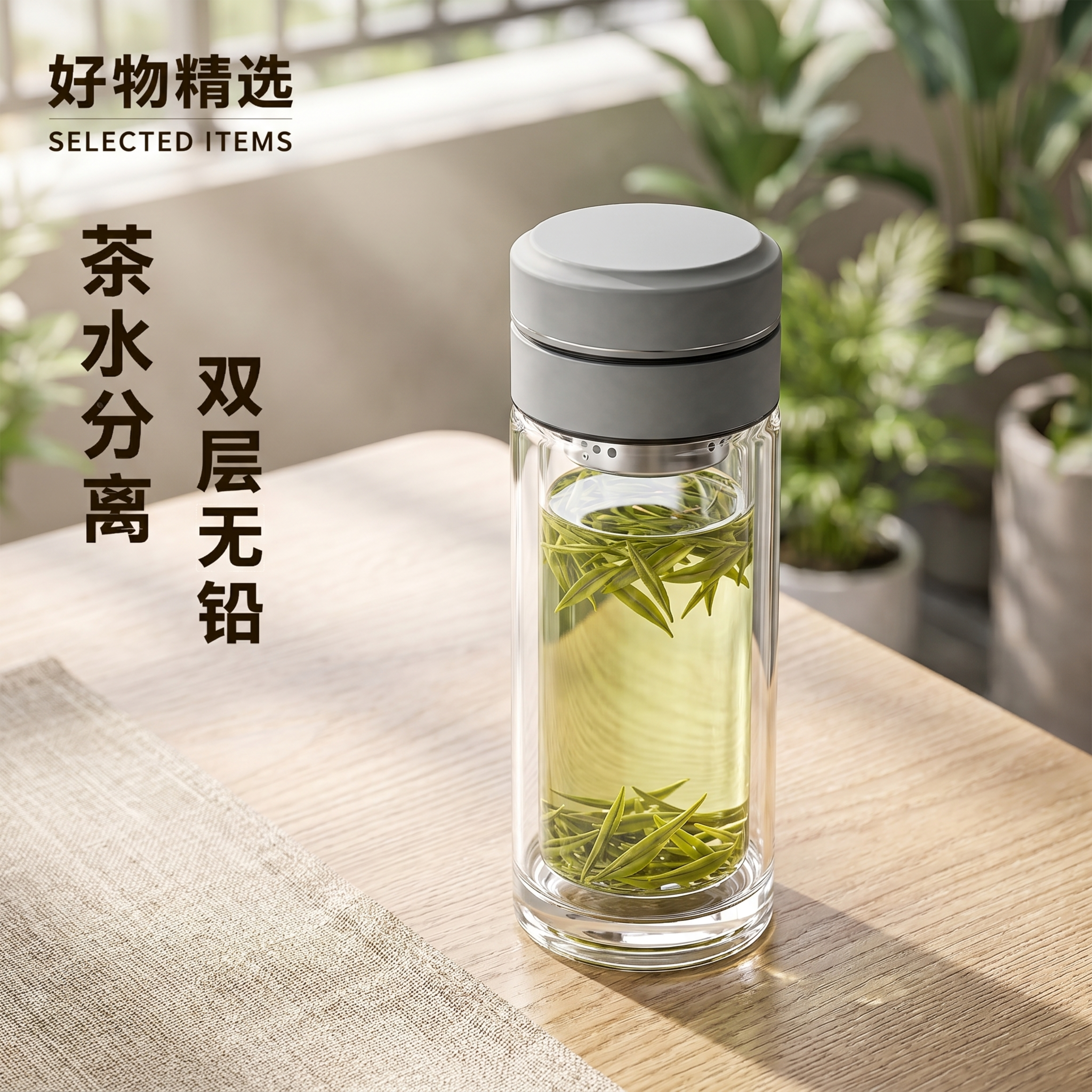 超写实原木茶桌生活摄影。 主体：双层高透茶水分离玻璃杯，完整保… - 图片创意预览
