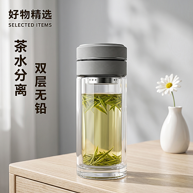 超写实北欧日式混搭原木茶桌摄影。
主体：双层茶水分离玻璃杯，保留原图结构材质和盖子颜色，通透澄澈，功能结构清晰，占画面约65%，完整展示产品，优化文字排版保留指定文案，排版舒适。
构图：微偏左中心构图，大面积留白，极简干净。
风格：北欧日系简约。
场景：开放式客厅边几茶角，漫射自然光。
承载：①白蜡木浅原木边几桌面，细腻木纹；②背景浅灰色乳胶漆墙面虚化。
陪衬：①右侧桌面，一个细口陶瓷小花瓶插一朵白色小雏菊，白色陶瓷。
配色：低饱和浅原木/浅灰/白色，柔和素雅。
光影：侧面漫射自然光，柔和细碎光影，整体干净治愈，高级生活化种草感。
参数：4K写实，锁定宽高比1:1，优化文字排版漂亮舒适。