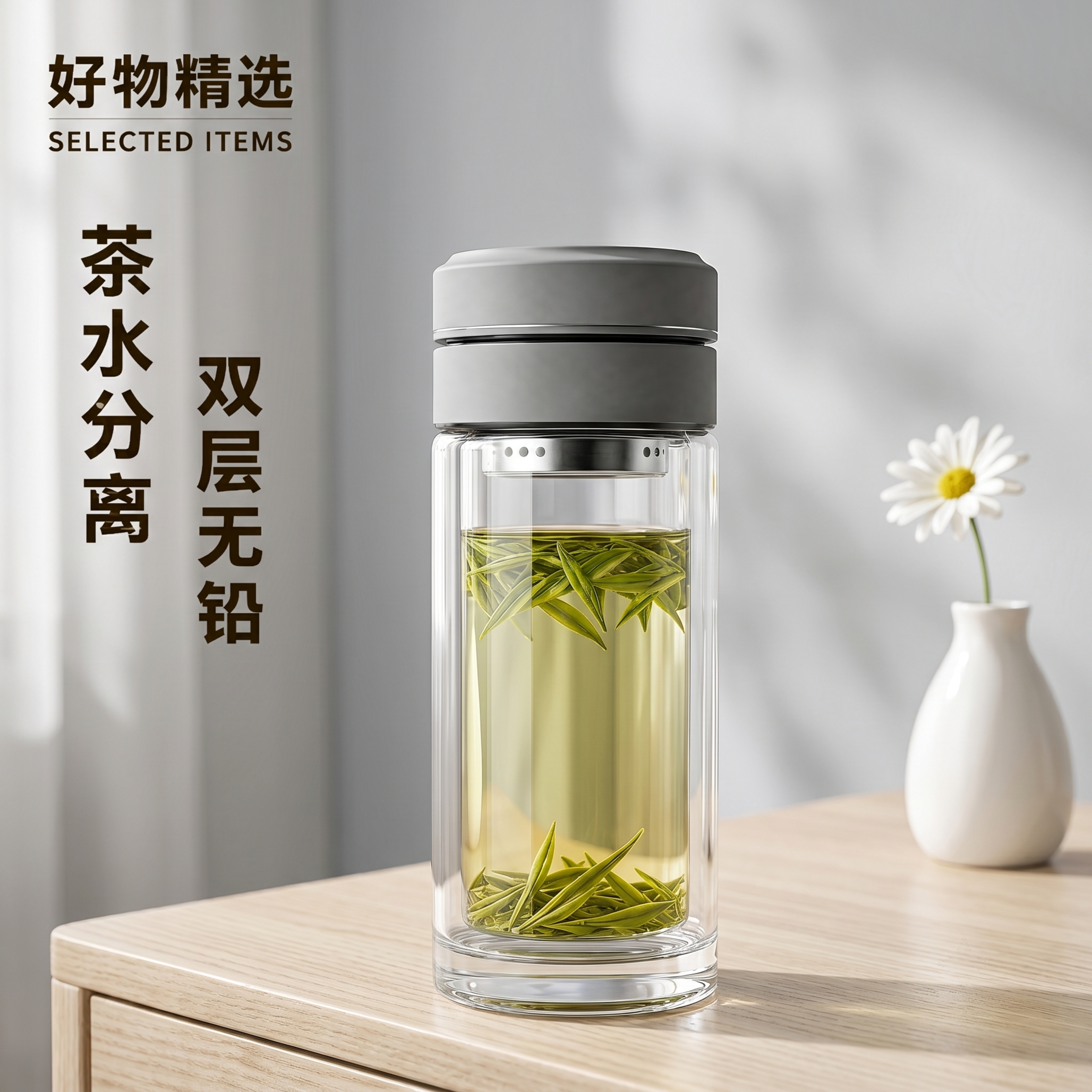 超写实北欧日式混搭原木茶桌摄影。 主体：双层茶水分离玻璃杯，保… - 图片创意预览