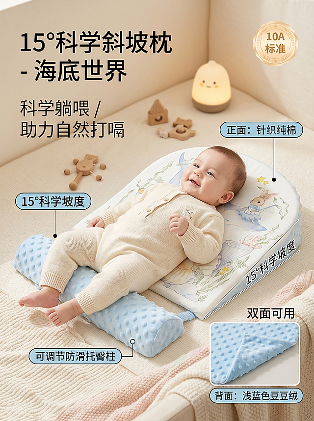 淘宝天猫电商主图，家居治愈风，婴童模特躺在婴童斜坡防吐奶垫上，斜坡垫尺寸合适不要太大，展示15°科学坡度，卖点：科学躺喂，科学15°，助力宝宝自然打嗝，产品正面为针织纯棉面料，印有海底世界图案，背面为浅蓝色豆豆绒面料，可调节防滑柱托臀垫腿，双面可用，温馨柔和的家居环境