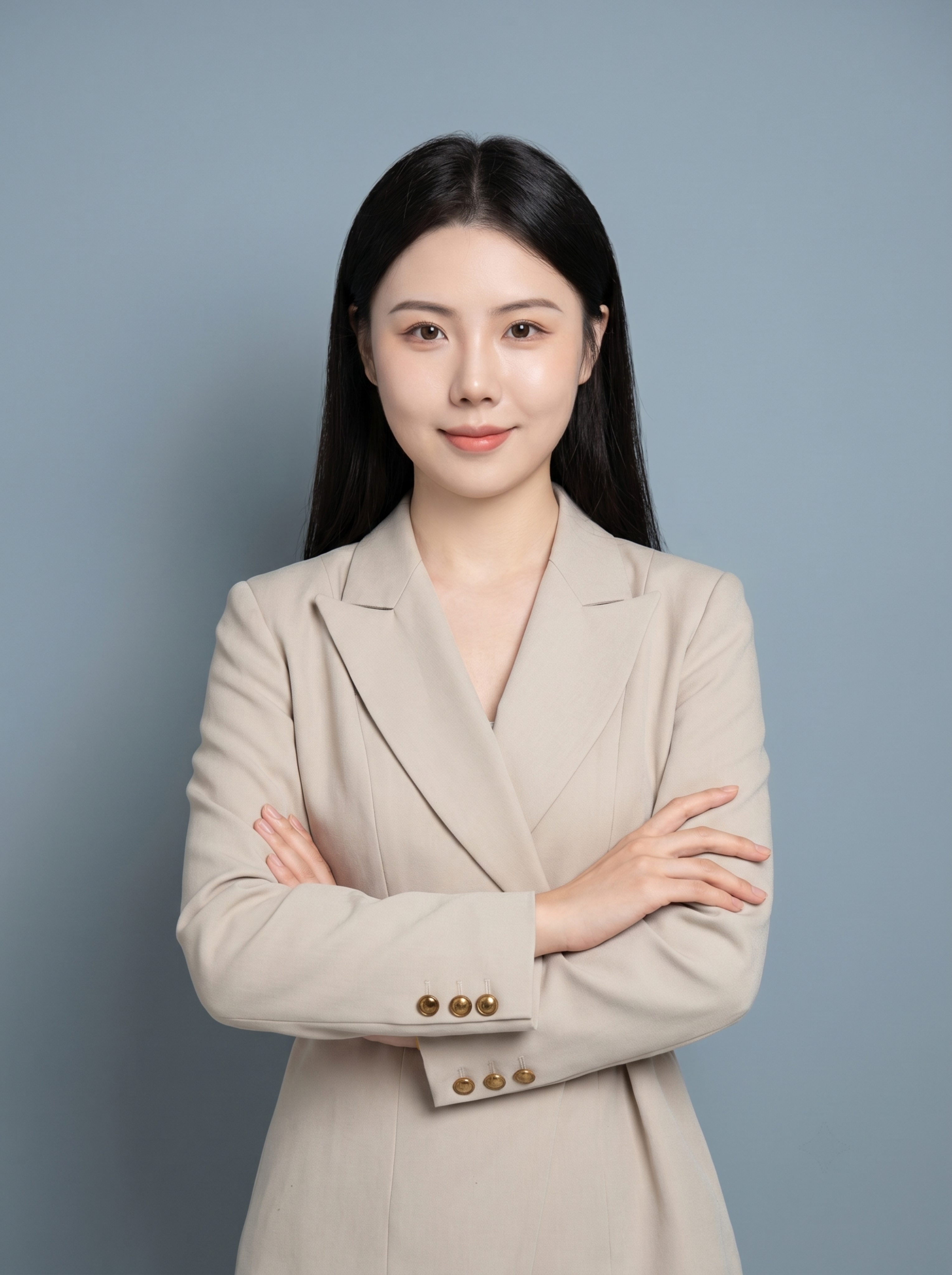 参考图片1的肖像姿势、服装、构图和比例，保留图片2中人物的面部… - 图片创意预览