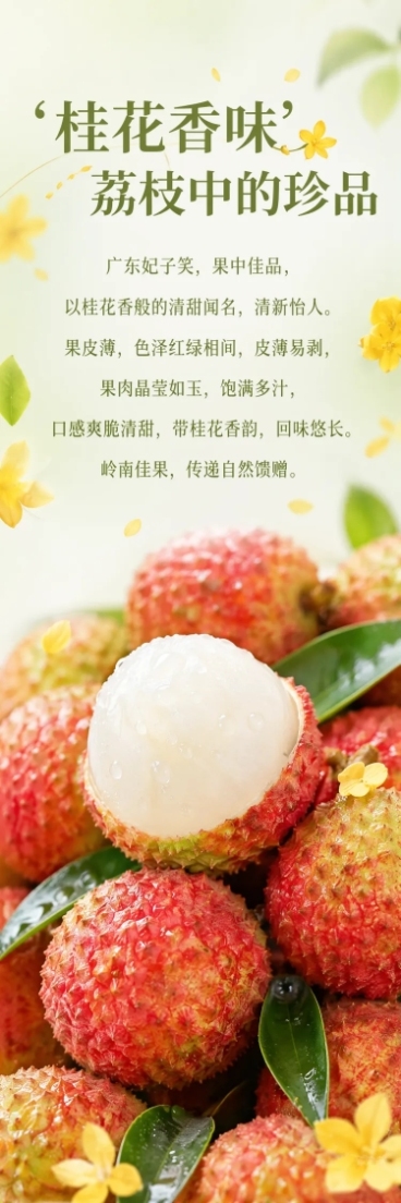 参考参考图片的清新国风设计风格，把产品换成广东妃子笑荔枝，保持原排版和文字结构，文字内容对应调整为：第一屏标题“'桂花香味' 荔枝中的珍品”，正文对应描述广东妃子笑，保持浅绿色黄色桂花清新背景风格，使预览效果